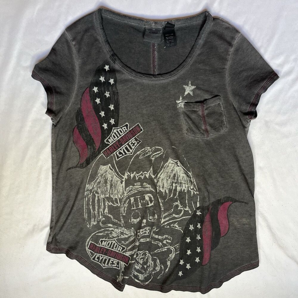 Vintage Harley-Davidson T Shirt Womens S Made In USA Gray Logo Eagle Skull 90s